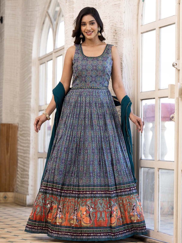 Peacock Blue Soft Dola Silk Readymade Gown